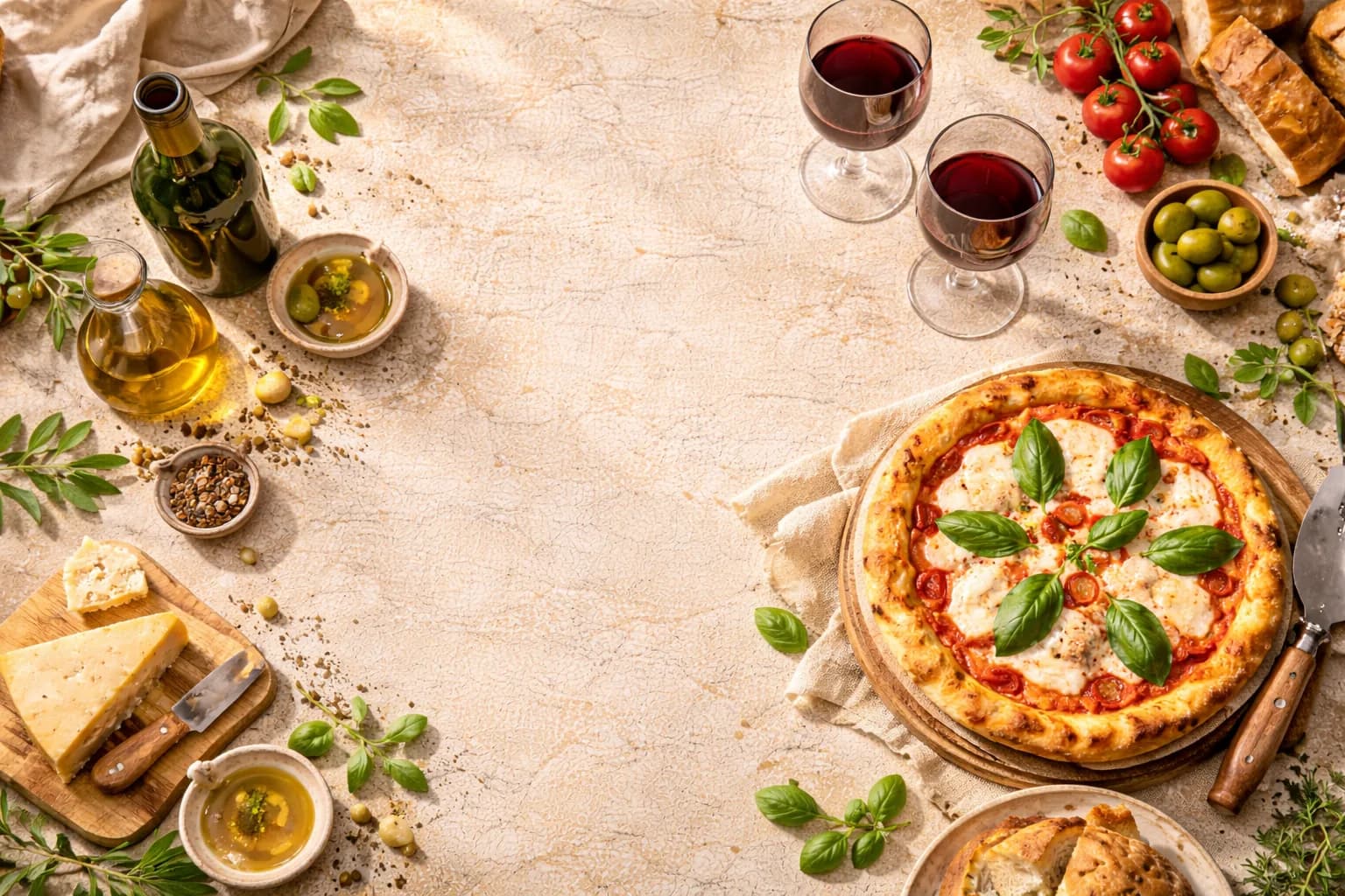 Pizza Margherita, olio d'oliva, vino e ingredienti italiani